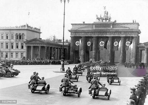 Berlin, Germany- Nazi parade under Brandenburg Gate. Photgraph ca. 1930.