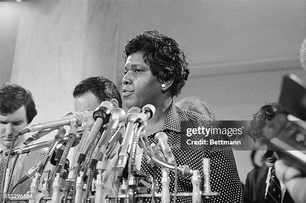 Two members of the House Judiciary Committee talked with newsmen at luncheon recess 6/6. One of them, Barbara Jordan, is shown here. The committe...