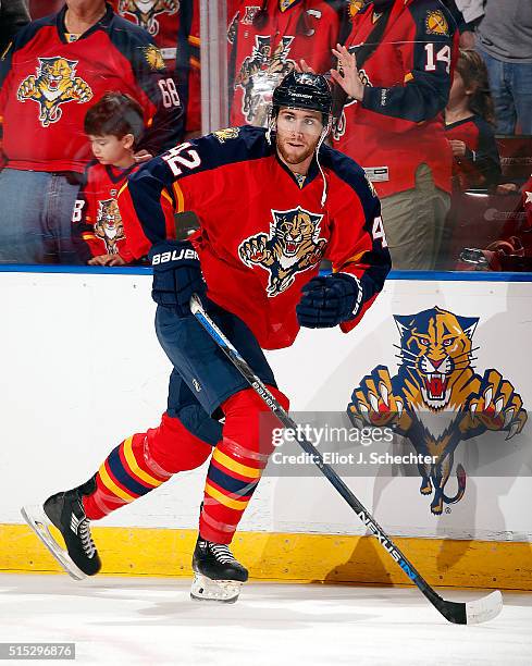 Quinton Howden of the Florida Panthers skates on the ice prior to the start of the game against the Nashville Predators at the BB&T Center on...