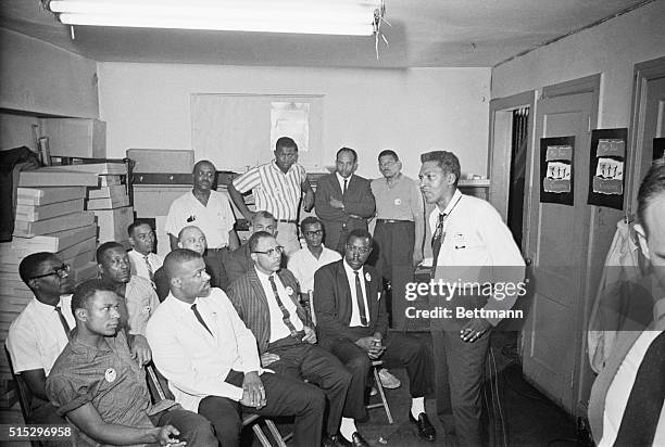 Civil rights activist Bayard Rustin speaks to a group of march marshals prior to the 1963 Freedom March. Rustin served as a deputy director and chief...