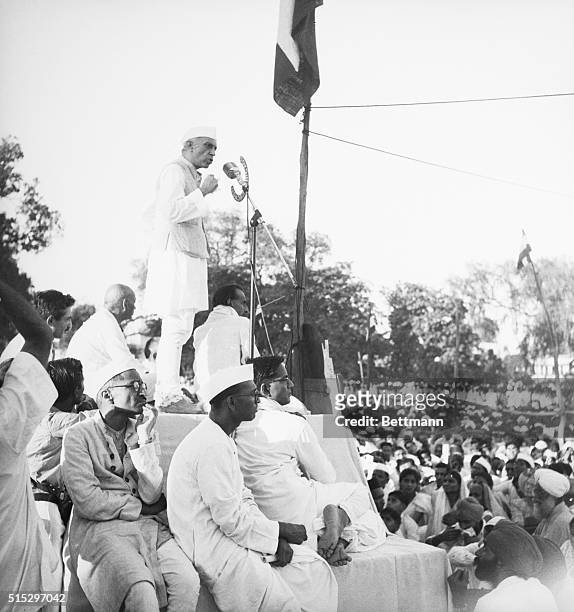 New Delhi, India- Jawahal Lal Nehru, Prime minister of the Dominion of India, is shown as he addressed the great mass meeting of Hindus and Muslims...