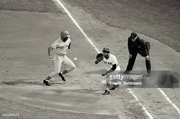Boston, MA - Ken Griffey of the Cincinnati Reds gets back to first base before the ball from Red Sox pitcher Luis Tiant to Sox 1st baseman Cecil...