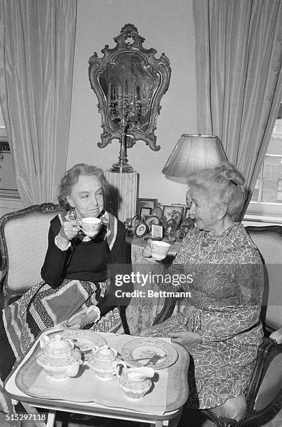 New York, NY- Two of the great ladies of the American stage and screen, Lillian Gish and her long-time friend, Helen Hayes, enjoy tea in Miss Gish's...