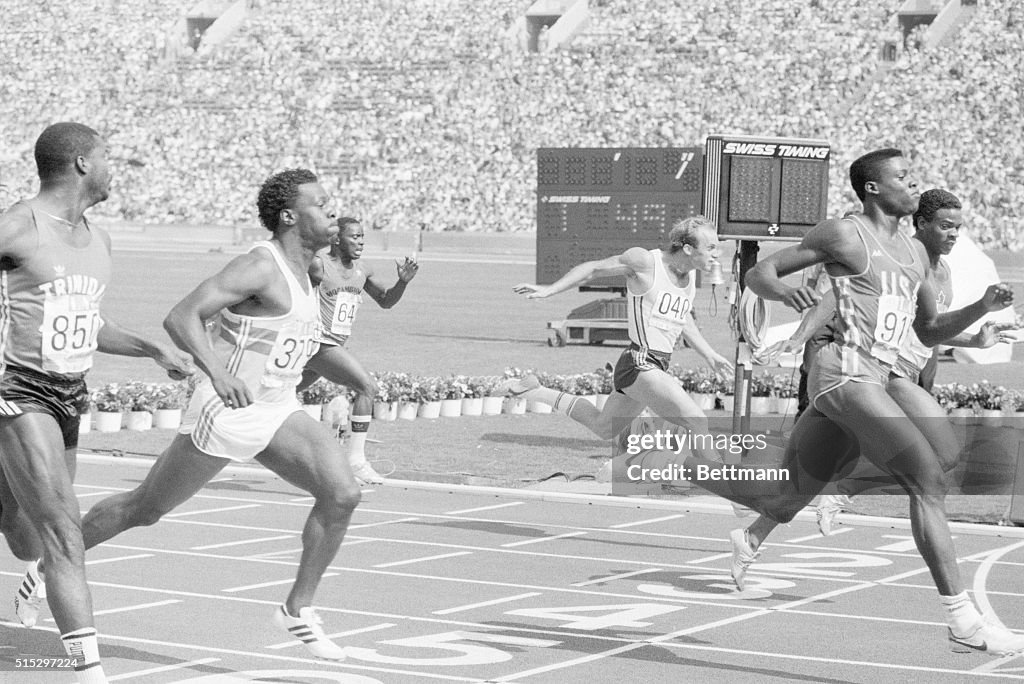 Sprinter Carl Lewis Finishing 100 Meter Dash