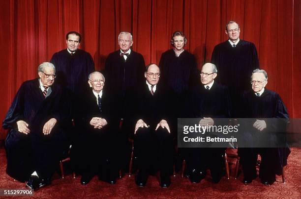Washington, D.C.- US Supreme Court , front L-R: Thurgood Marshall; William Brennan; Chief Justice William Rehnquist; Byron White; Harry Blackmun;...