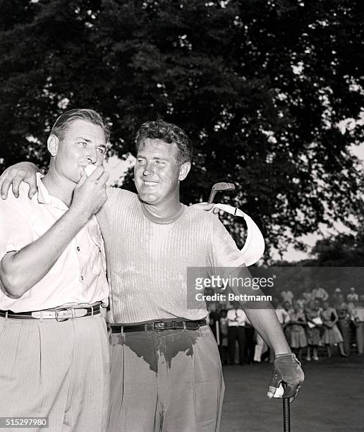 Chicago, Illinois- Harold "Jug" McSpaden, of Merion, PA., kisses the ball after sinking a 25-foot putt on the 18th hole to beat Buck White of...