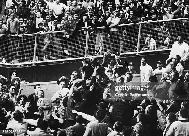 New York, NY- Stadium fans grab for a record-setting home run ball stroked by Yanks' Roger Maris, deep into right-field stands. Nineteen-year-old Sal...