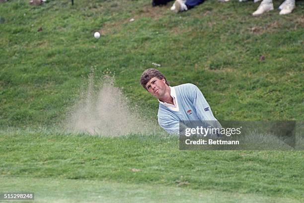 San Francisco, CA- Bob Tway fires out of a trap on the third hole of the US Open. He parred the hole.