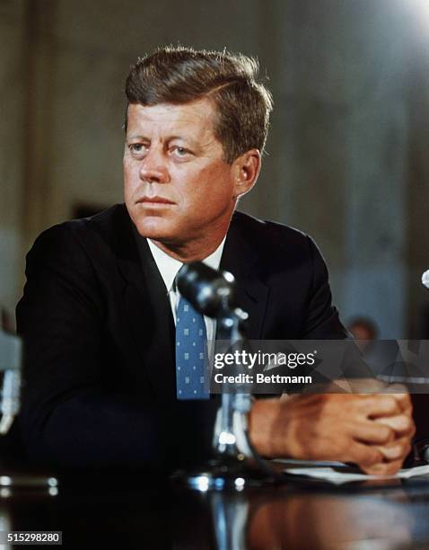 President John F. Kennedy at his desk in the White House on his first day in office as President of the United States.