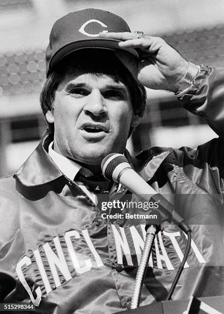 Cincinnnati, Ohio- After five and a half years away from his hometown, Pete Rose adjusts his cap after being named player-coach of Cincinnati Reds....