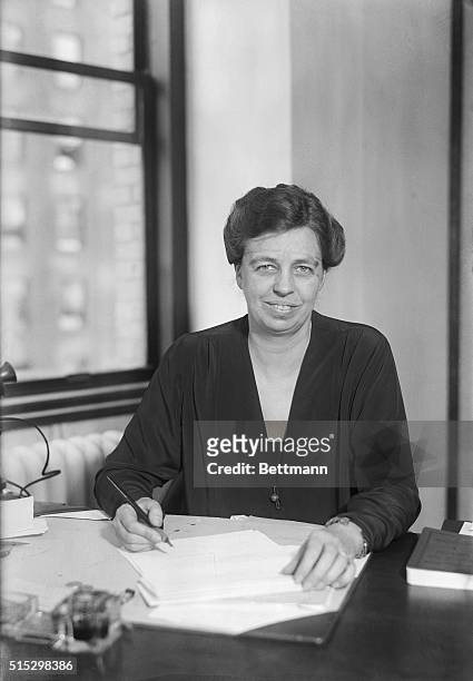 New York, NY- Photo shows Mrs. F.D. Roosevelt, wife of the Democratic Gubenatorial candidate at her desk, preparing campaign matter for her husband....