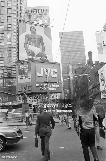 New York, NY- Star in another of designer Calvin Klein's business ventures, men's underwear, is Tom Hintinhous, appearing on this 40x50 foot...