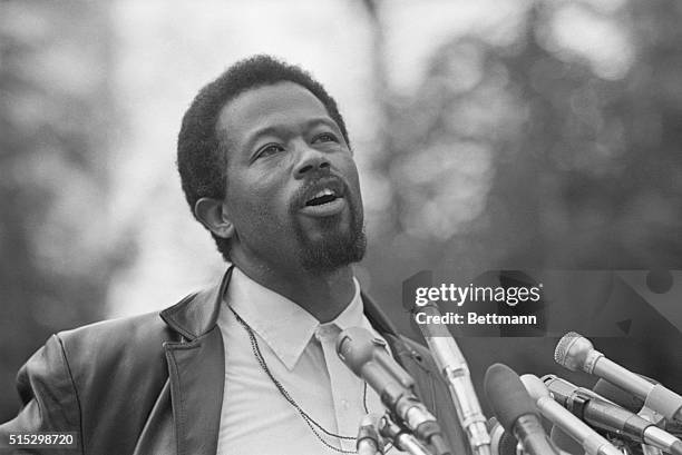 Washington, DC-Eldridge Cleaver, leader of the Black Panthers, speaks energetically into a microphone at American University.