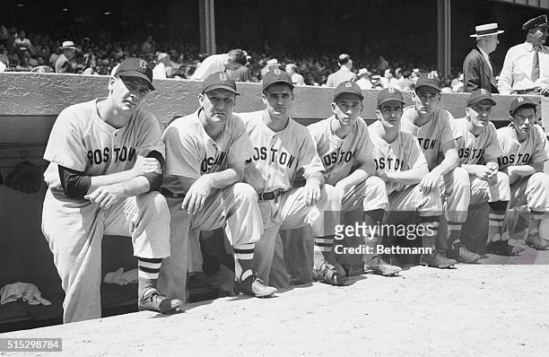 This group of Boston Red Sox players shown just before the game to play in the All-Star contest. The players are: Dave Ferriss, Rudy York, Bobby...