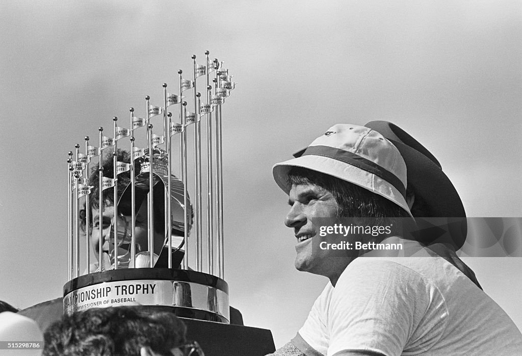 Pete Rose Smiling, Looking At Trophy