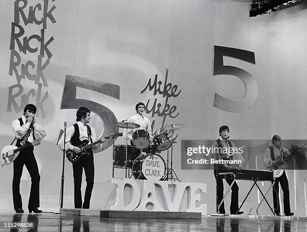 Dave Clark Five, British rock and roll group, performing on the "Ed Sullivan Show."