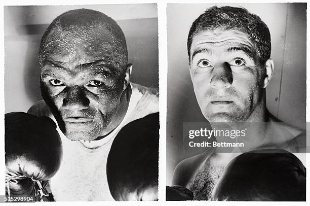 Atlantic City, NJ/Grossinger, NY- Beads of perspiration indicate the rugged training schedules that are being followed by heavyweight champion Jersey...