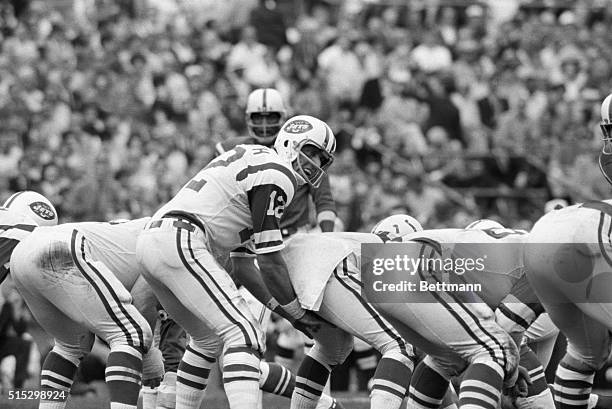 Joe Namath , calling signals during the Super Bowl game against Baltimore Colts. BPA2