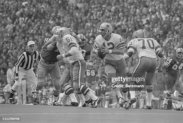 Dallas, Texas- The Dallas Cowboys' quarterback Roger Staubach scrambles for a first down in second quarter action against the San Francisco 49ers at...