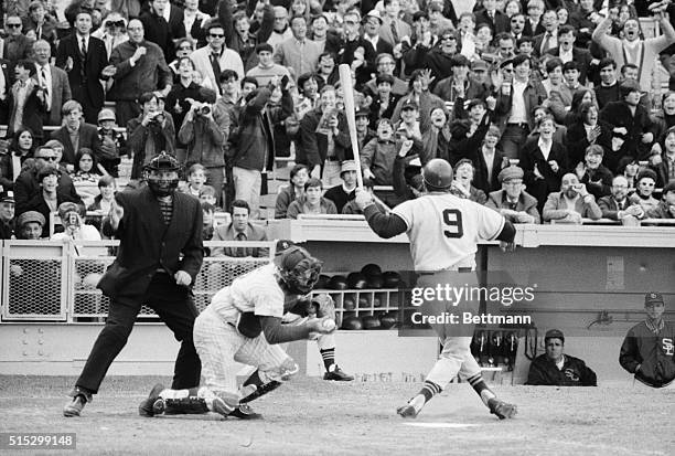 New York, New York- Al Ferrara of the San Diego Padres swings and misses for strike three giving Mets' pitcher Tom Seaver the record for most...