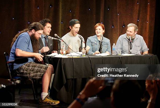 Spencer Crittenden, Jeff B. Davis, Thomas Middleditch, Erin McGathy, and Dan Harmon speak onstage at HarmonQuest during the 2016 SXSW Music, Film +...