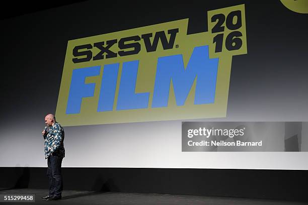 Director John Michael McDonagh speaks on stage before the "War On Everyone" premiere during the 2016 SXSW Music, Film + Interactive Festival at...