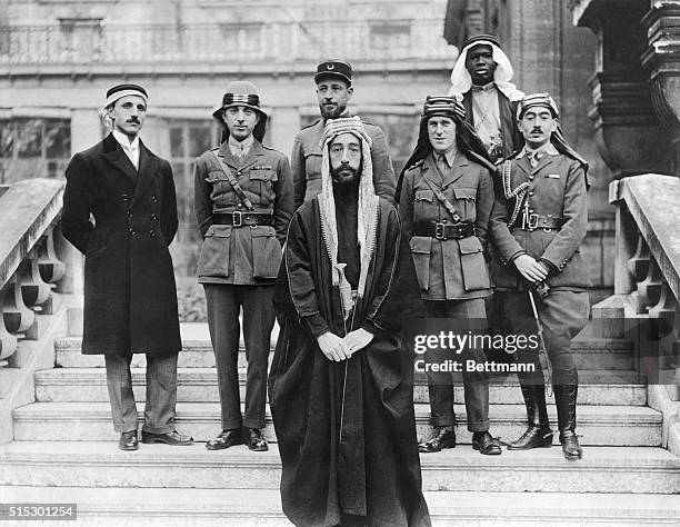 Faisal, son of Hussain of Mecca, with his delegates and advisors at the Versailles peace conference, 22nd January 1919. Faisal was briefly king of...