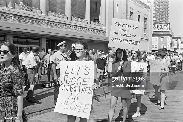 Demonstrators from the National Women's Liberation Movement picket the 1968 Miss America Pageant.