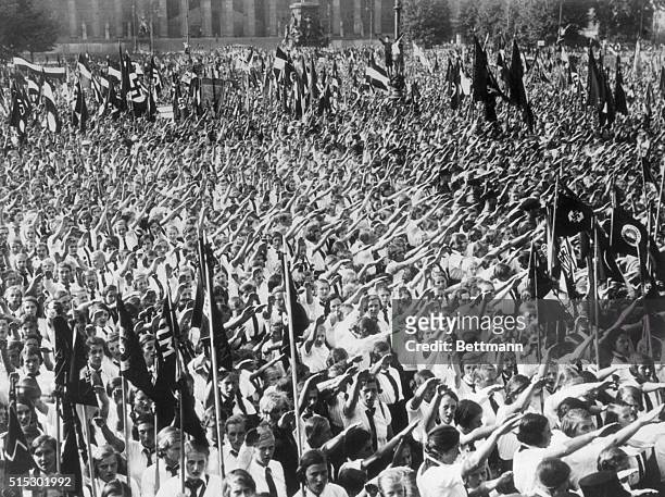 Berlin, Germany-GERMAN YOUTHS RALLY- LEARNING HITLERISM AT AN EARLY AGES... Several thousand German boys and girls participating in a huge Nazi rally...