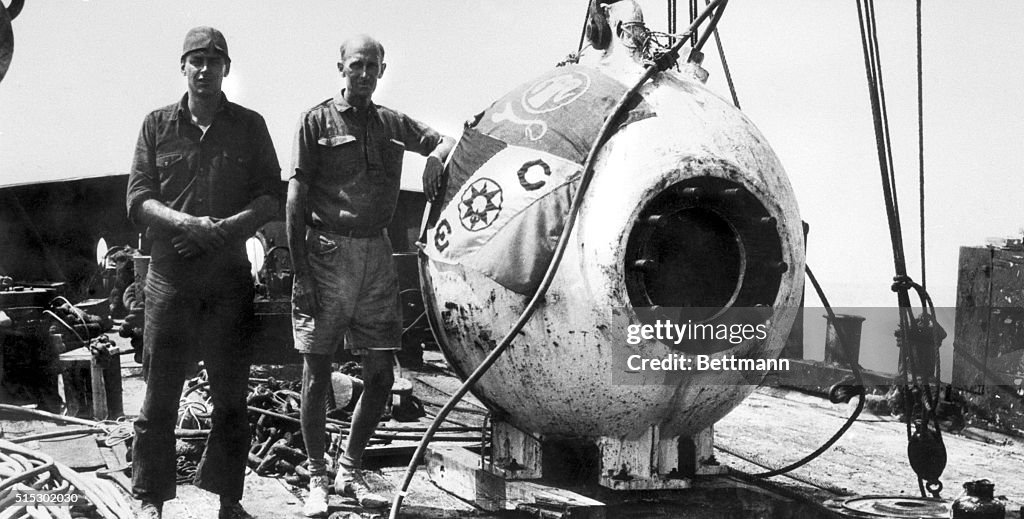 Inventors Otis Barton and William Beebe with Bathysphere