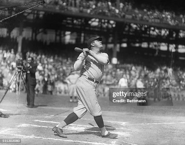 Pittsburgh, PA-Babe Ruth, New York Yankees, knocking out homers during practice at the World Series.