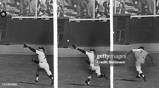 New York, NY-ORIGINAL CAPTION READS: This sequence shows the play which earned Yankee centerfielder Mickey Mantle a special hug from teammate Don...