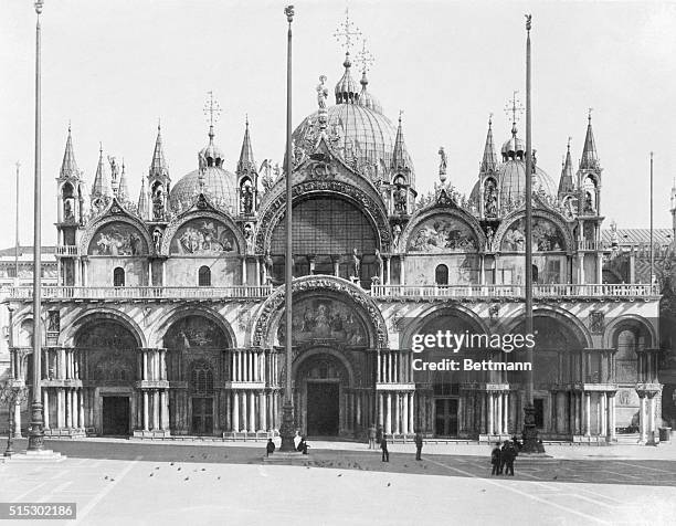 Venice, Italy: View of the entryway to the Basilica San Marco built from 829-832. A series of arches, whose interiors are decorated with paintings...