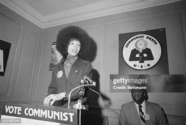 New York, NY- Angela Davis, Communist leader, shown speaking at a press-conference at the Communist's National Party Headquarters. She introduced the...