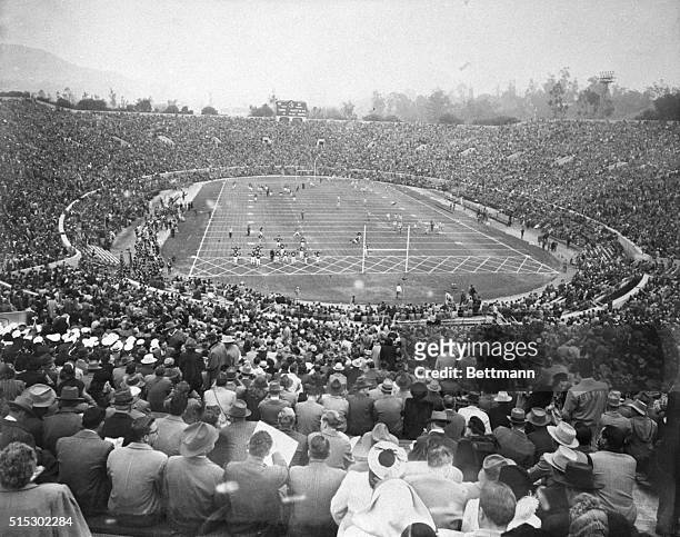 Over 93,000 spectators pack the stands of the Rose Bowl just before kickoff in the game between California and Northwestern on New Year's Day, played...