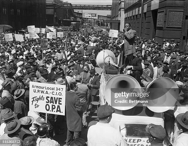 Chicago, IL- Philip Weightman , Vice President of the CIO Packinghouse Workers Union, addresses a mass demonstration outside the Swift & Company...