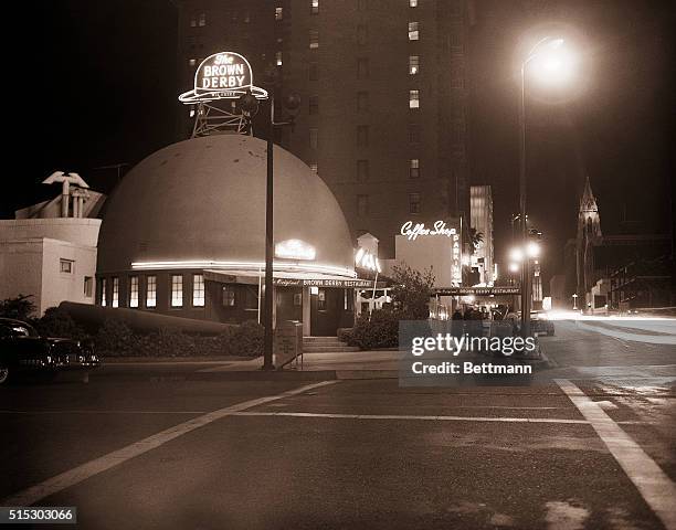 Los Angeles,CA- This is a night view of the Brown Derby restaurant, on Wilshire Blvd., in Los Angeles. There are several Brown Derby restaurants in...