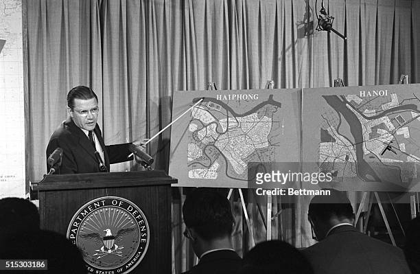Washington, DC- Defense Secretary, Robert S. McNamara, told a Pentagon news conference today that US air attacks on Hanoi and Haiphong oil depots...
