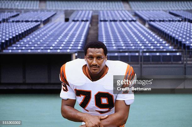 Defensive end for the Cincinnati Bengals, Ross Browner is shown here as he kneels on the field. He is currently involved in a drug case.