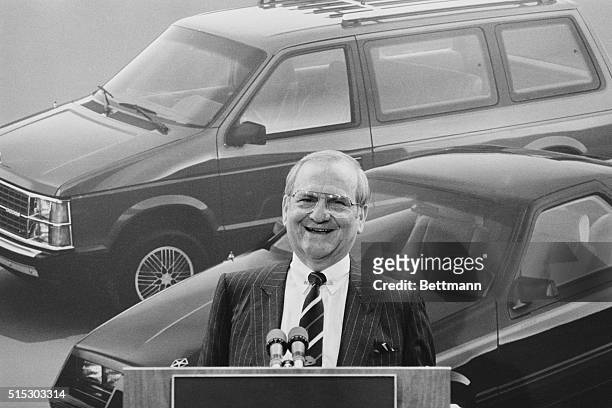Chrysler Chairman Lee Iacocca announcing Chrysler's record $705.8 million first quarter profit in 1984 in Highland Park in Michigan. The profit was...