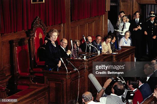 London, England- Britain's re-elected Prime Minister Margaret Thatcher addressing Conservatice Party at party headquarters after winning the General...
