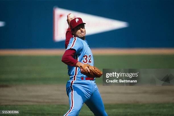 The New York Mets' pitcher Steve Carlton is shown pitching during the opening day game at Shea Stadium against the Philadelphia Phillies.