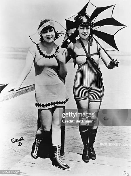 Mary Thurman and Marie Provost are shown in bathing suits. Mack Sennett bathing beauties. Undated photo, ca. 1910s.