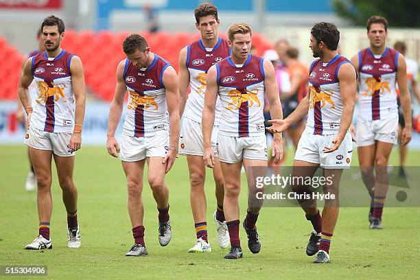 Lions leave the field after losing the NAB Challenge AFL match between the Brisbane Lions and the Greater Western Sydney Giants at Metricon Stadium...