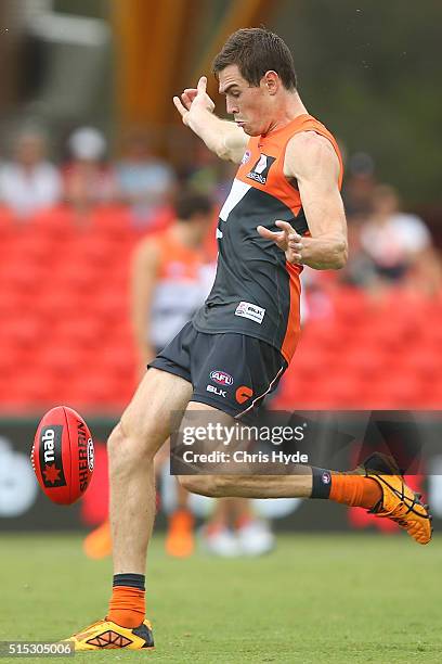 Jeremy Cameron of the Giants kicks during the NAB Challenge AFL match between the Brisbane Lions and the Greater Western Sydney Giants at Metricon...