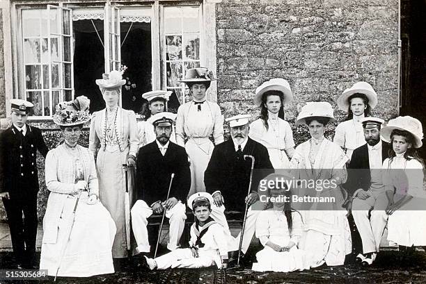 Three generations and two royal families sit for a portrait during Cowes Week on the Isle of Wight in 1909. From left, the future Edward VIII, Mary,...