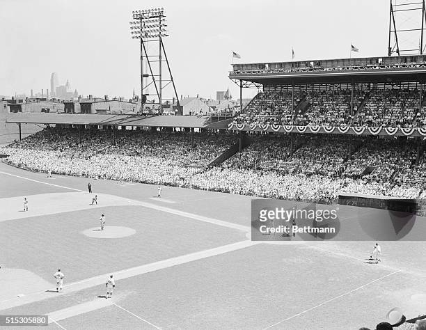General view of the Crosley baseball field in Cincinnati during the All-Star game between the National and American Leagues and showing part of the...