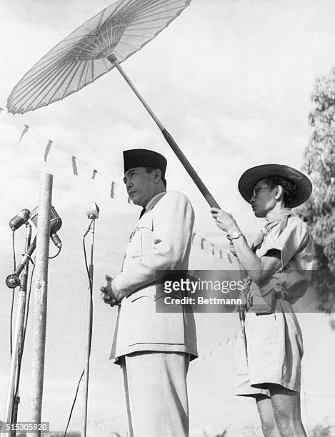 Indonesian President Sukarno, a devout Muslim, addresses a crowd of 5,000 worshippers at Hari Raya Hadji Sunrise ceremonies at Soekabumi. He urged...