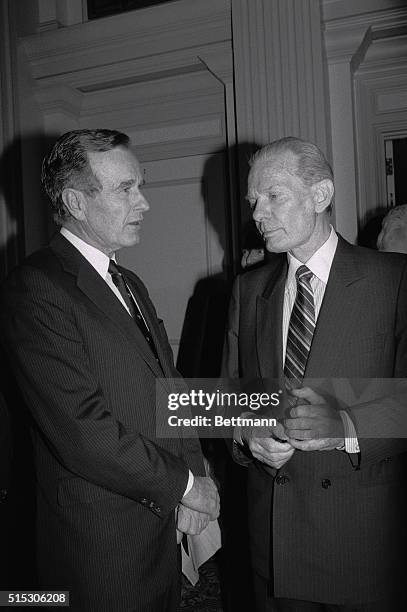 Washington: Vice President George Bush chats with David Brinkley during a reception marking the fifth anniversary of ABC News With David Brinkley.