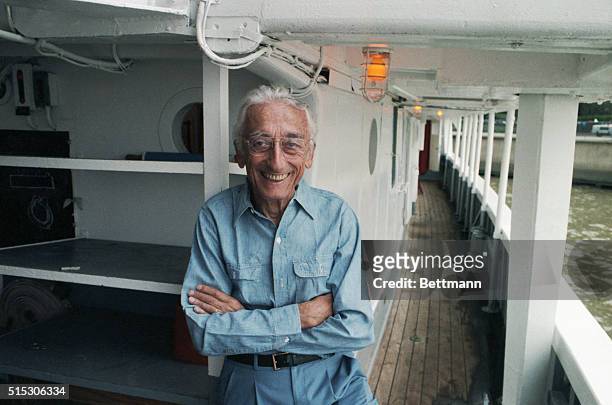 Portrait of Captain Jacques Cousteau aboard his ship "The Calypso" for his 75th birthday celebration.